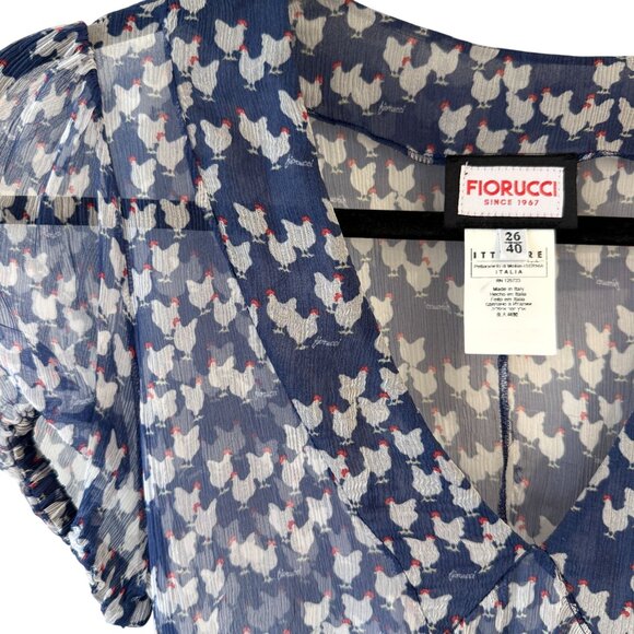 Fiorucci Novelty Chicken Print Sheer Silk Dress Puff Sleeves Tiered Size 8 READ - Picture 8 of 16